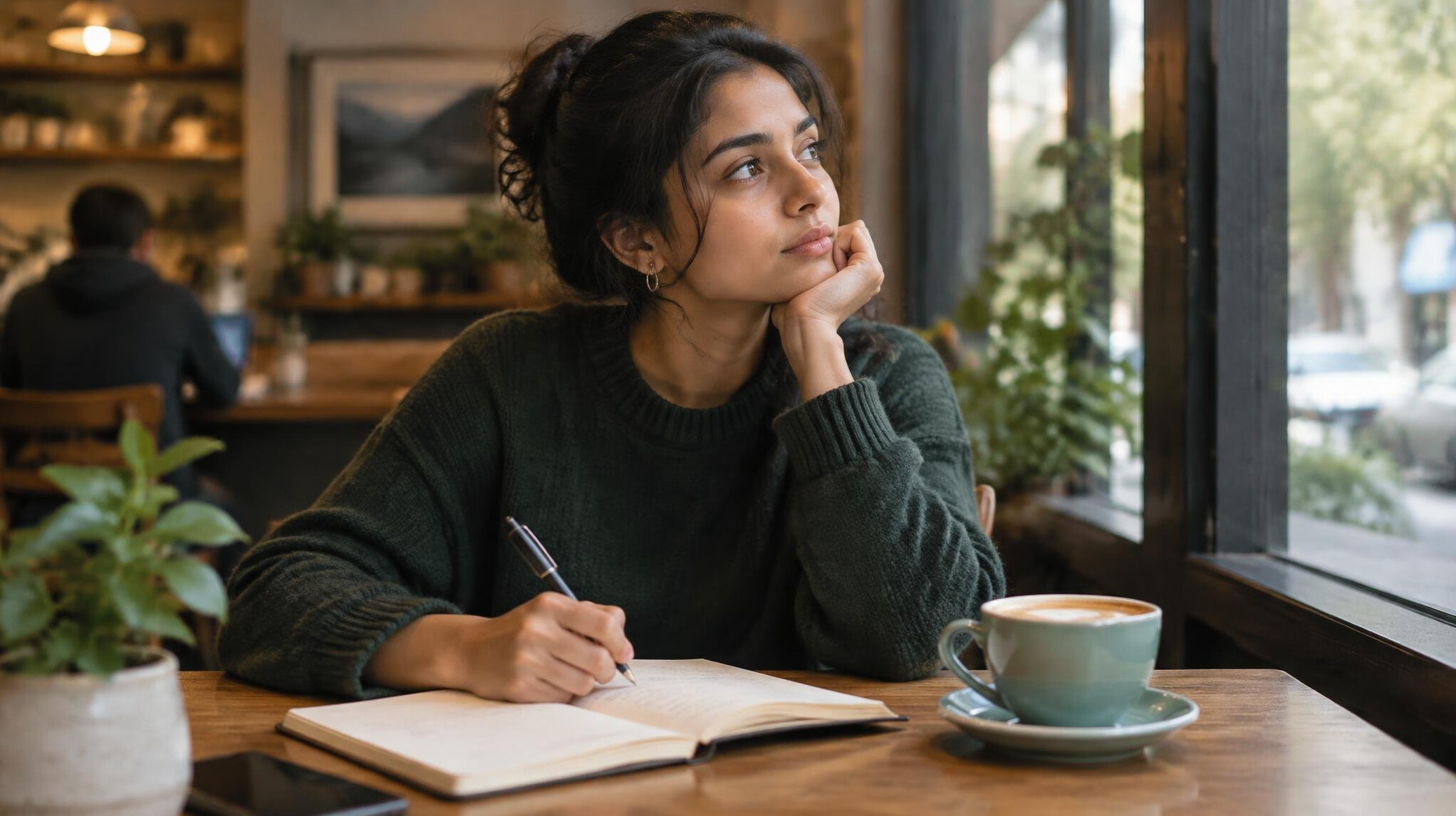 person journaling in cafe